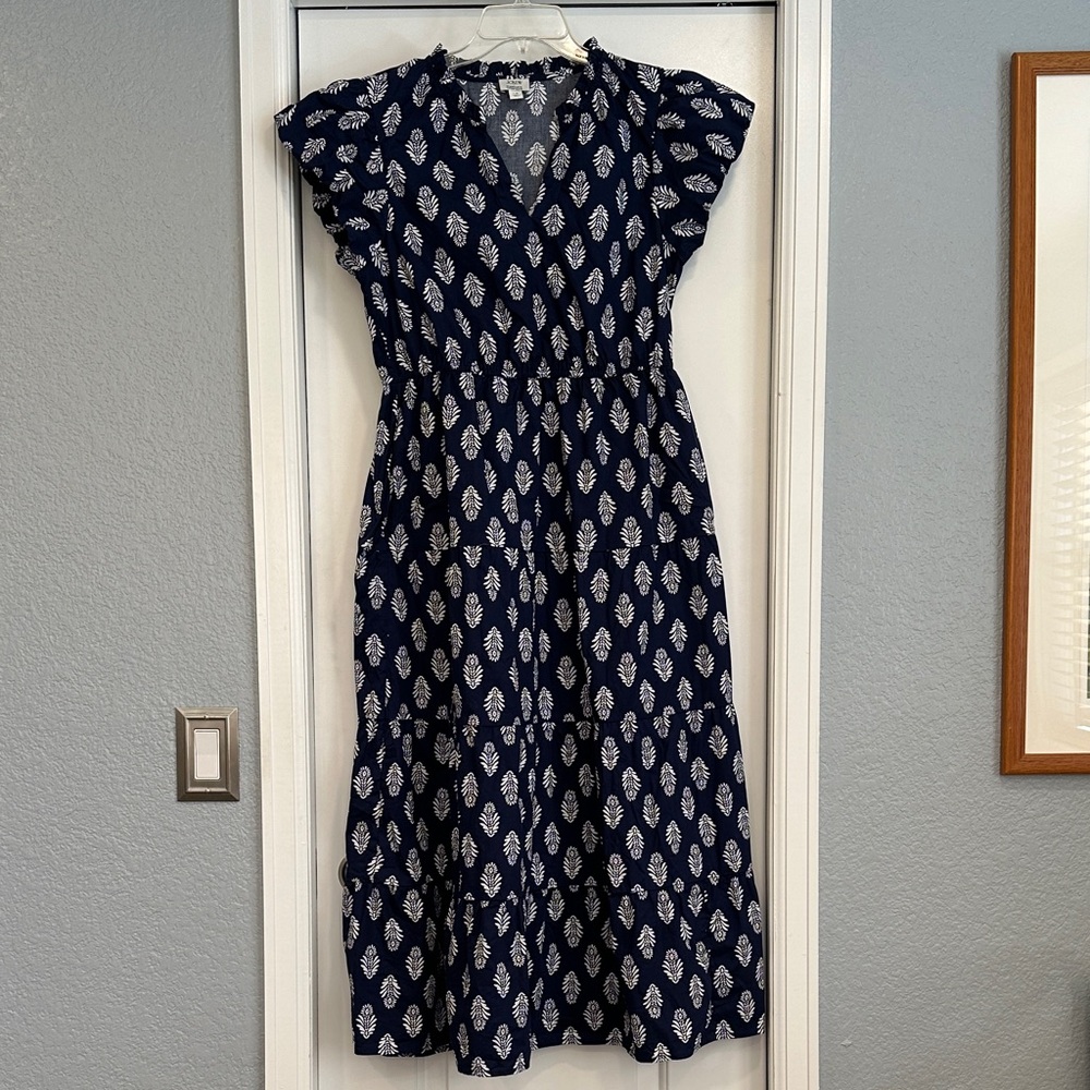 J Crew Navy and white cotton midi dress, size 12